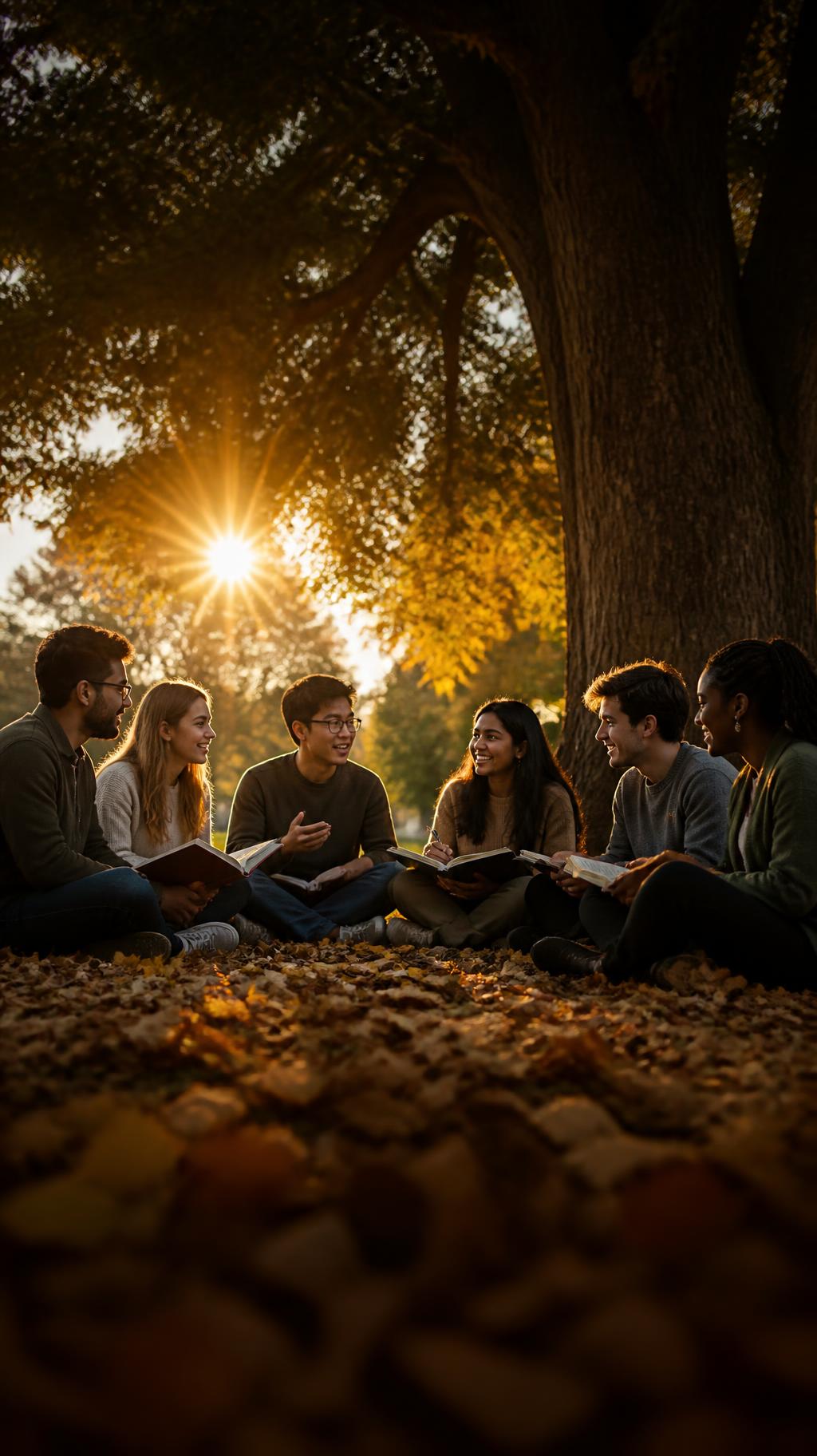 ACCA students studying together beneath an autumn tree